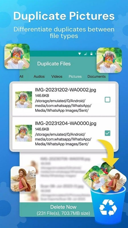 Duplicate Files Fixer displaying used and available storage information.