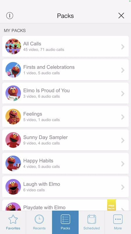 Elmo Calls app displaying learning activities