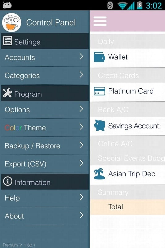 EvoWallet MoneyTracker Premium app interface on Android