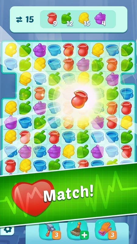 Playing match-3 puzzles to gather medical tools and upgrade the hospital.