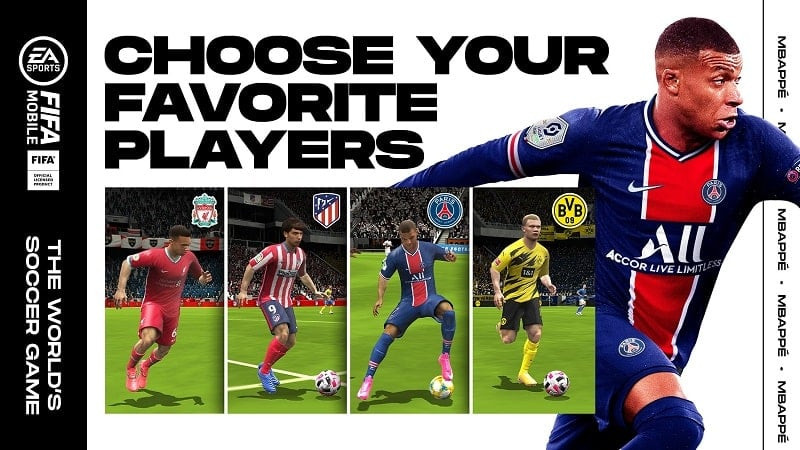 The player selection interface in FIFA Football, allowing players to customize their squad.