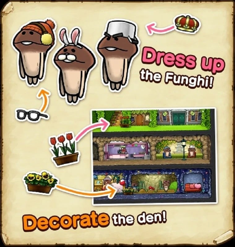 Adorable outfits for mushrooms in Funghi's Den