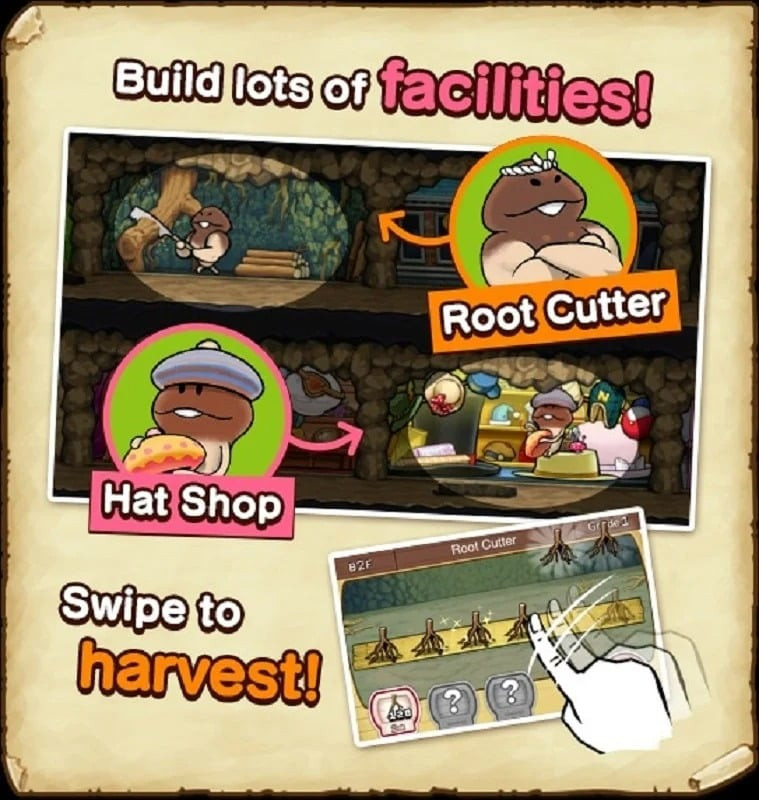 A decorated and furnished mushroom cave in Funghi's Den mod apk