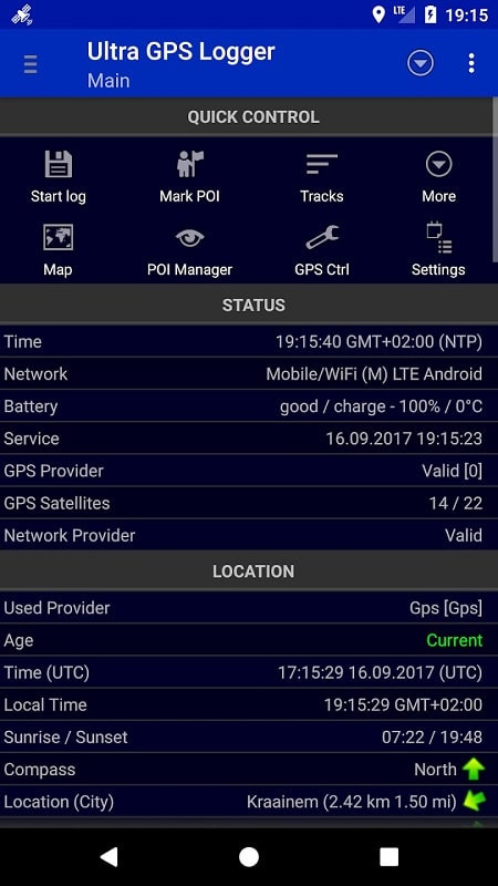 Map options interface in Ultra GPS Logger