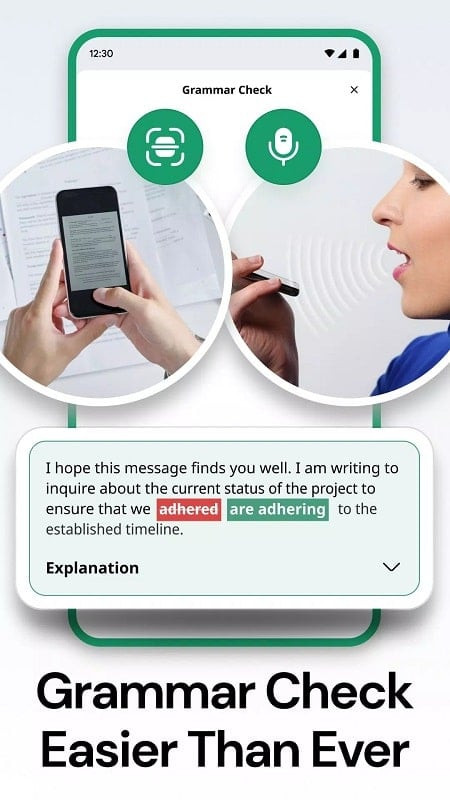 Grammar Check Android app screenshot showing writing improvement features