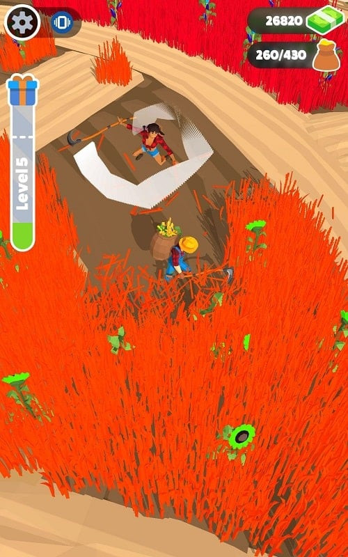 A screenshot of Harvest It! with the character running across a field, a sack full of crops.