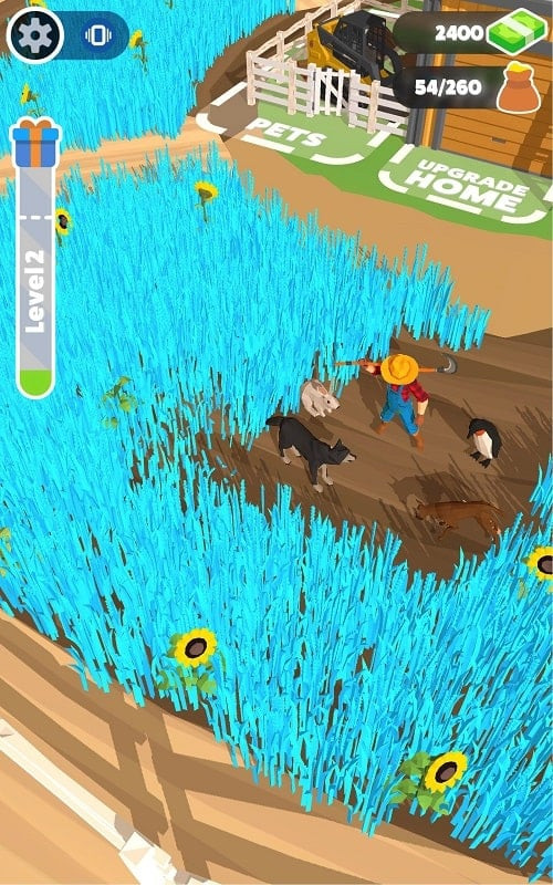 A screenshot of Harvest It! showing the character harvesting wheat with a sickle, accompanied by a small dog.