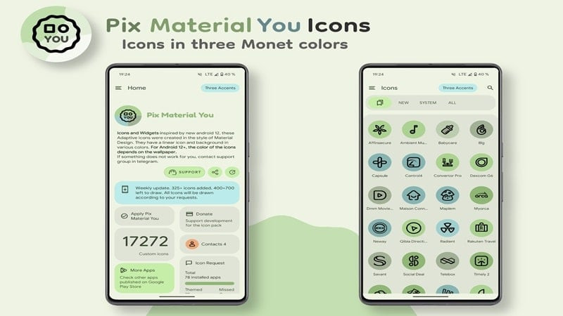 Hình ảnh hiển thị giao diện ứng dụng Pix Material You Icons với các icon được thiết kế theo phong cách Material You.