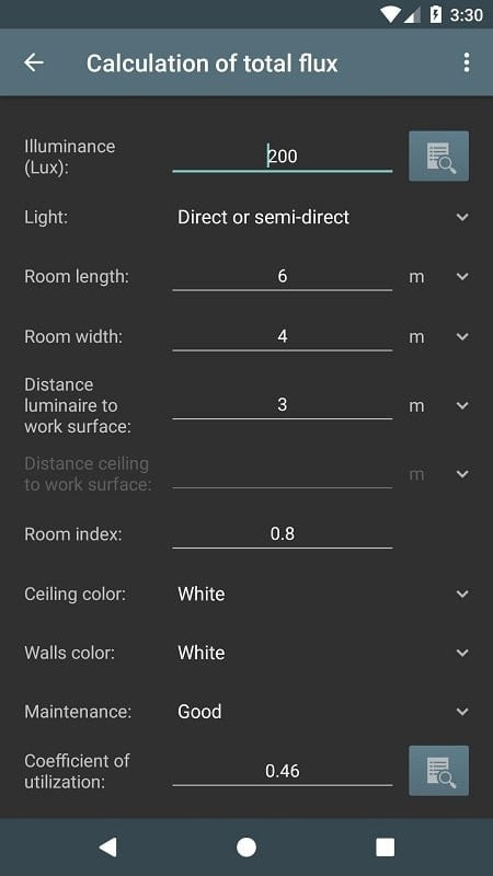 Hình ảnh minh họa giao diện đơn giản của Lighting Calculations