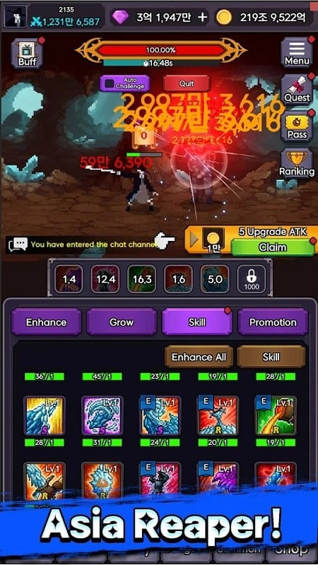 IDLE Reaper gameplay screenshot on an Android phone, showcasing the battle interface and the Grim Reaper character