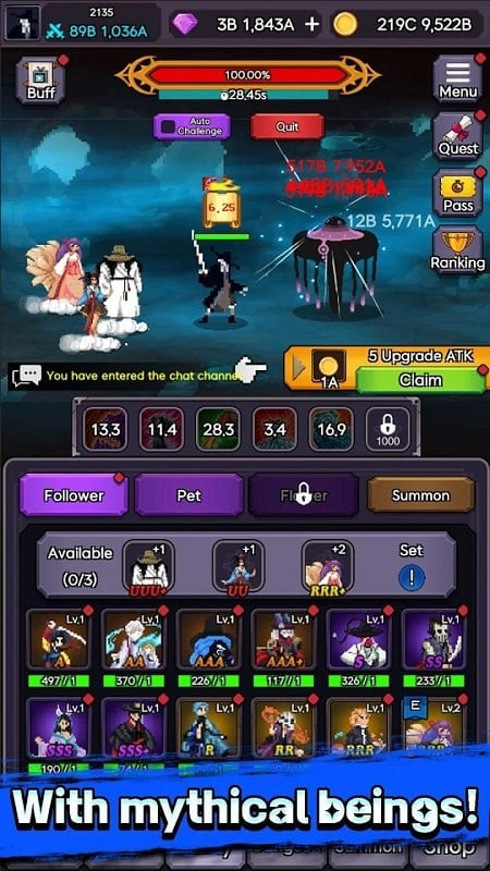 IDLE Reaper screenshot showcasing the character upgrade interface and in-game features