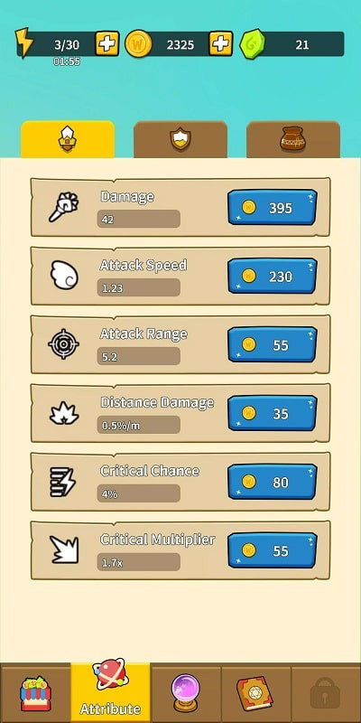 Idle Tiny Wizard Upgrade Screen