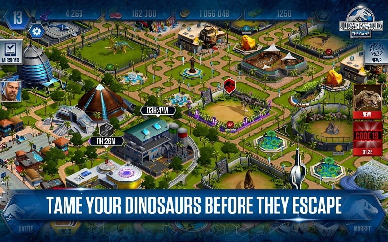 Gameplay screenshot of Jurassic World showing a dinosaur battle