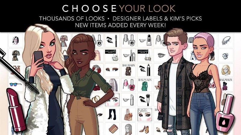 Gameplay screenshot showing character customization in Kim Kardashian: Hollywood MOD APK