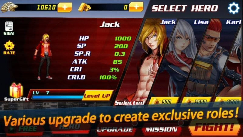 King of Fighting character upgrade screen