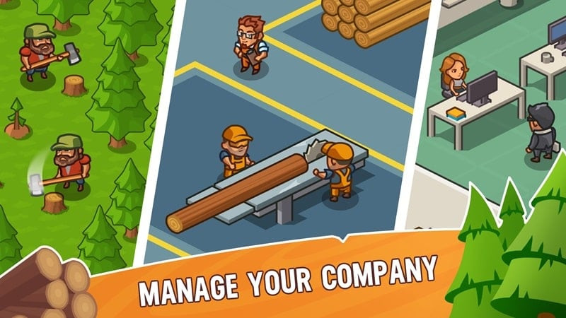 Lumber Inc Tycoon MOD APK screenshot showing workers