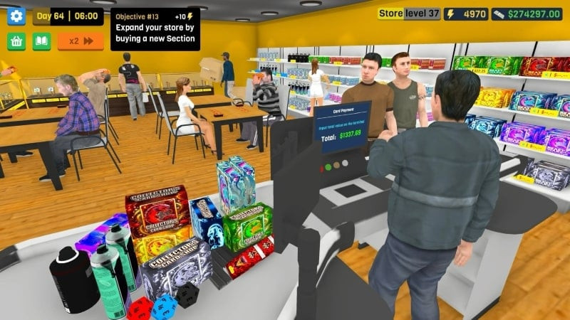 In-game screenshot of TCG Card Mart Simulator showing card packs