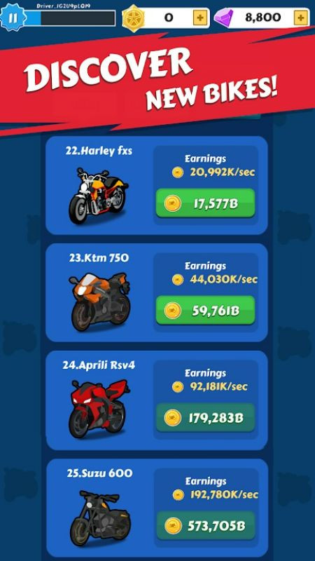 Variety of motorcycles in Merge Bike Idle Tycoon