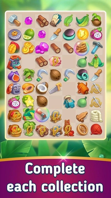 Gameplay screenshot of Merge Islanders showing various items to merge