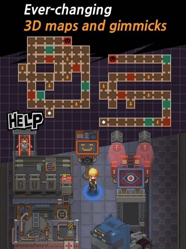 Mystic Gunner PV screenshot displaying the game interface with the character navigating an industrial area. The mini-map in the top-left corner provides orientation.