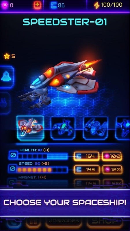 Neonverse spaceship upgrade screen