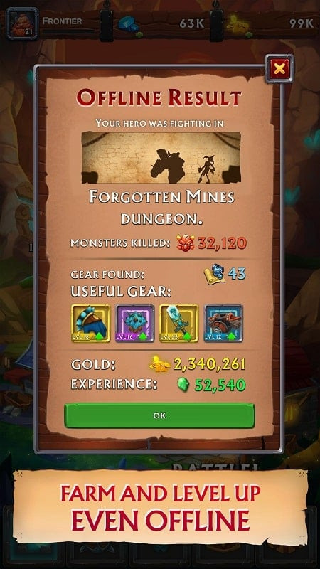 Never Ending Dungeon MOD APK screenshot showing equipment