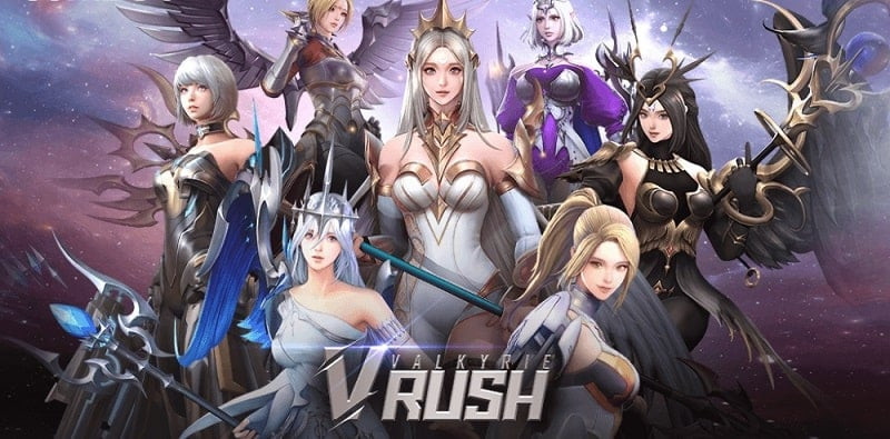 Nữ thần Valkyrie bay lượn trên bầu trời trong game Valkyrie Rush