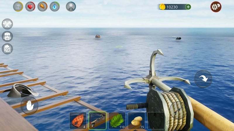 Oceanborn gameplay showing collecting items with a net