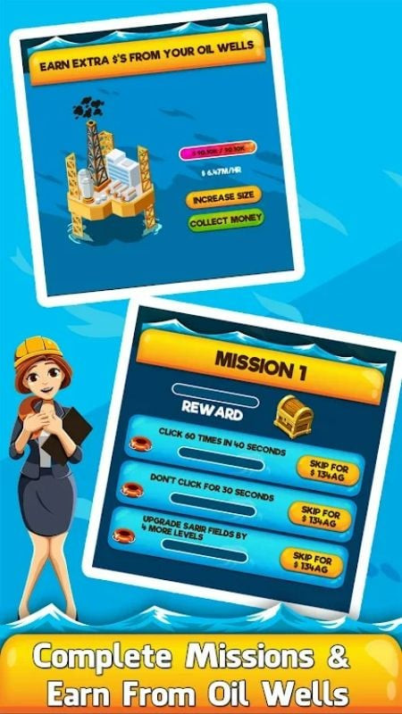 Oil Tycoon 2 APK gameplay screenshot showing employee management