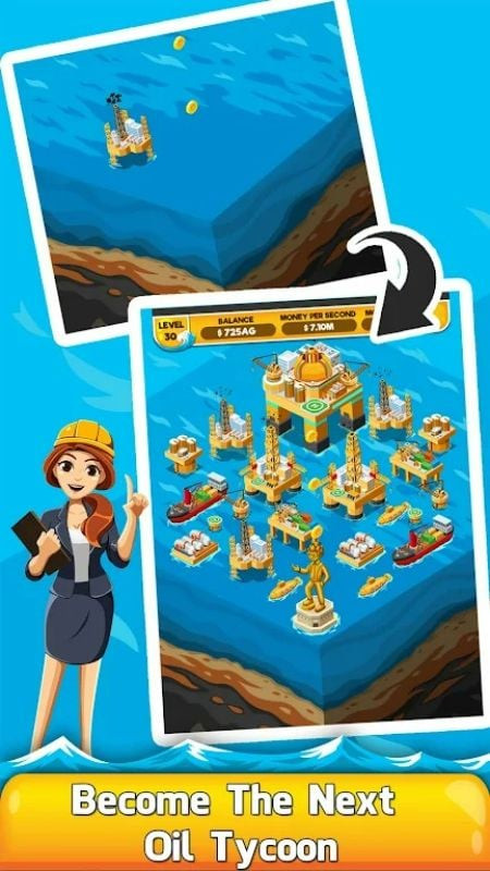 Oil Tycoon 2 APK gameplay screenshot showing oil rigs