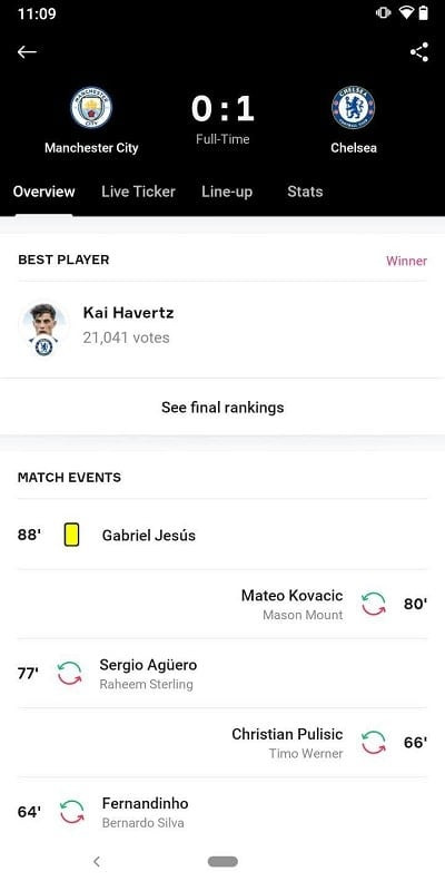 OneFootball app showing in-depth match analysis