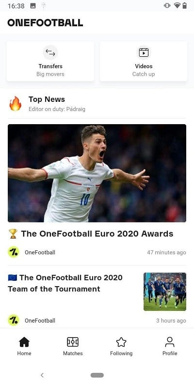 OneFootball app interface showcasing news and scores