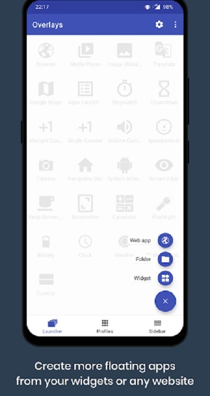 Overlays Floating Launcher app screenshot showing resizing feature