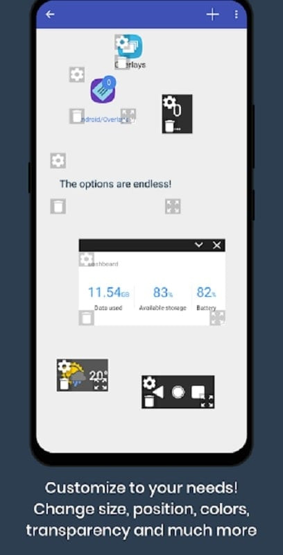 Overlays Floating Launcher app screenshot highlighting features