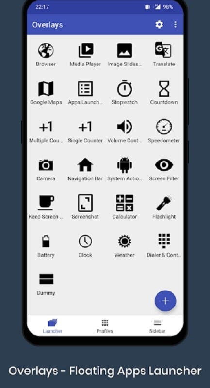 Overlays Floating Launcher app screenshot showing multitasking