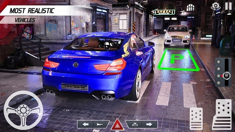 Parking Man 3 gameplay showing a police car performing a parking maneuver.