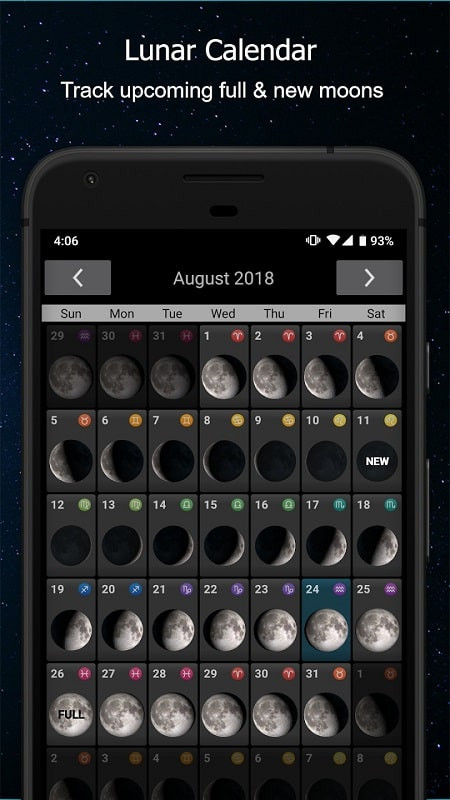 Lunar calendar view in Phases of the Moon Pro