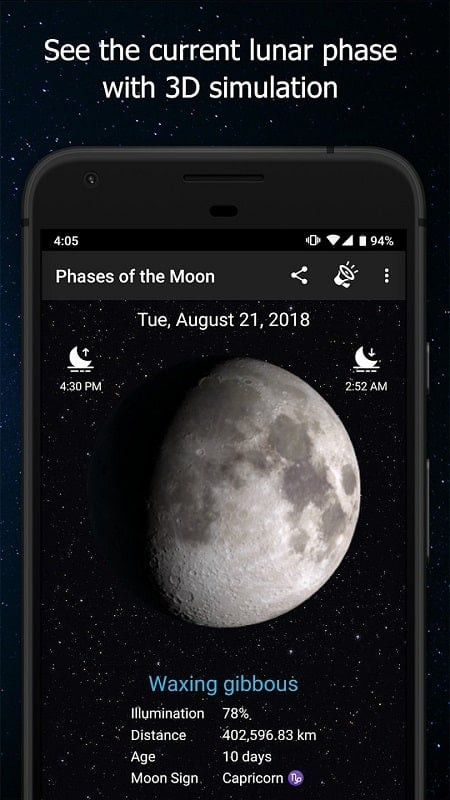 Lunar eclipse reminder in Phases of the Moon Pro