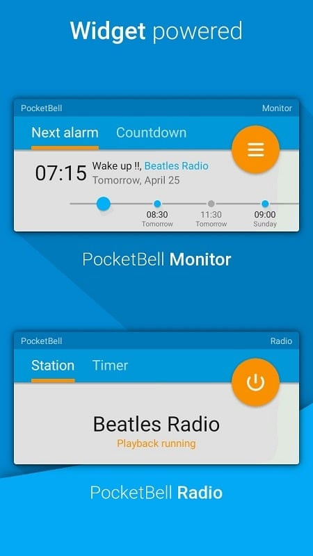 PocketBell MOD APK screenshot showing home screen widgets