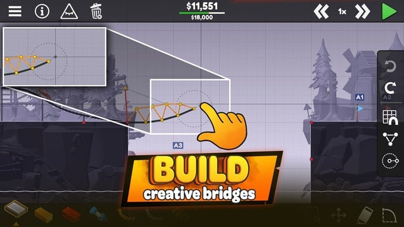 Poly Bridge 3 in-game screenshot showcasing a bridge design