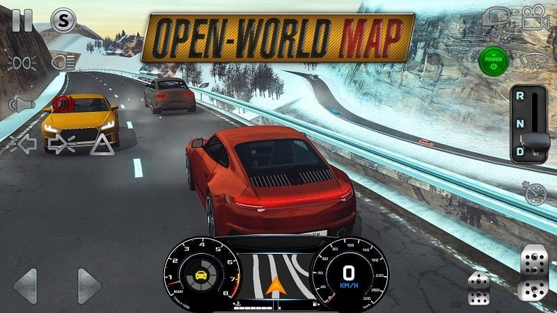 Third-person view of Real Driving Sim MOD APK, showing a car driving on the road.