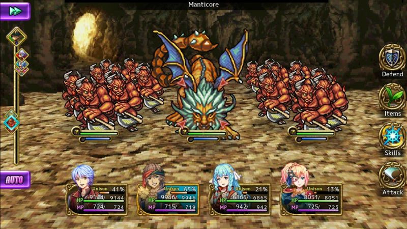 RPG Liege Dragon gameplay on Android, showing the battle interface and characters.