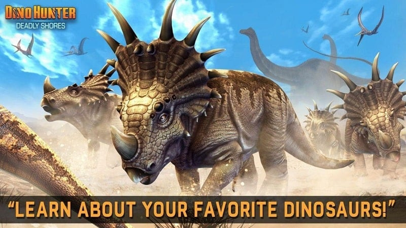 Hunting dinosaurs in Dino Hunter: Deadly Shores MOD APK