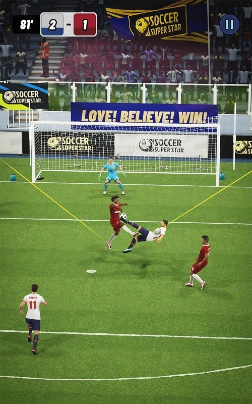 Soccer Super Star APK gameplay screenshot showing a player about to kick the ball