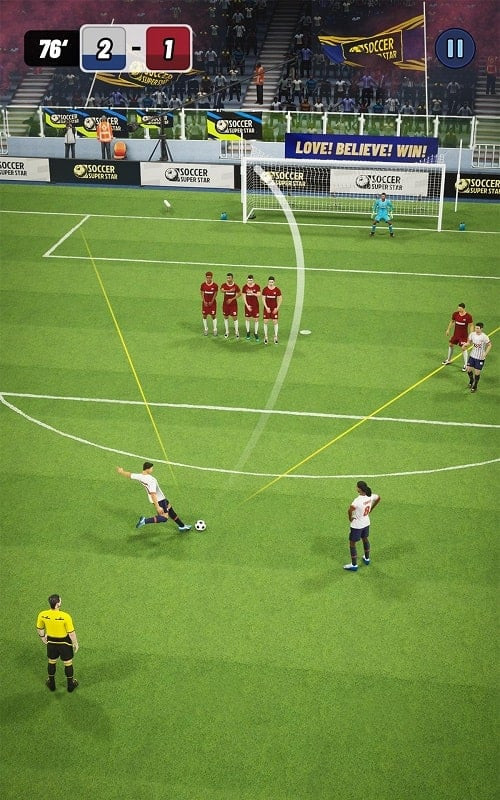 Soccer Super Star MOD APK gameplay screenshot showing a player kicking the ball