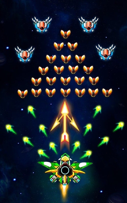 A player's spaceship in Space Shooter: Galaxy Attack engaging enemies in space.