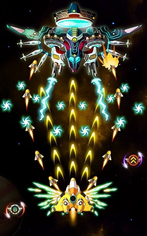 A spaceship in Space Shooter: Galaxy Attack firing powerful lasers at enemies.