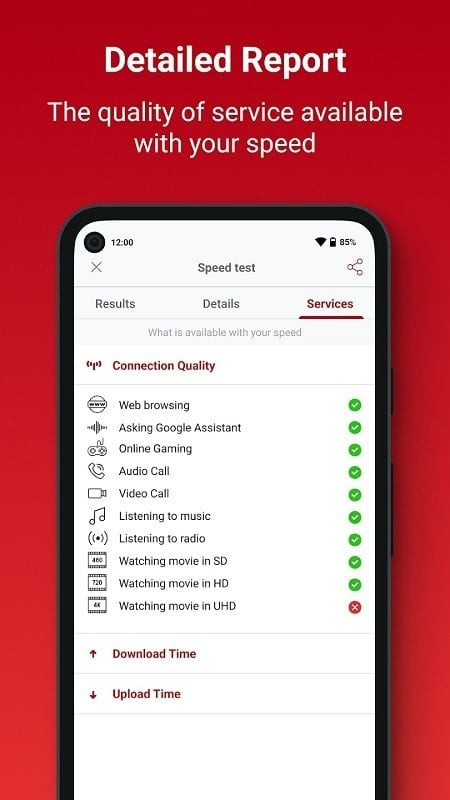 Detailed speed test results in SpeedChecker