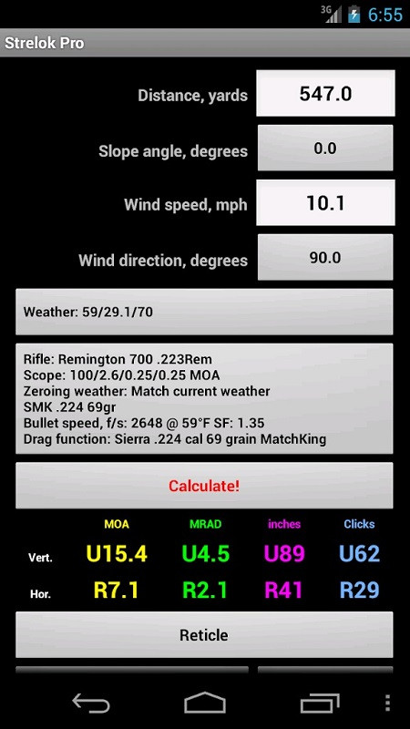 Strelok Pro app calculations