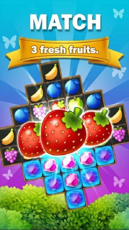 Sweet Fruits POP Match 3 mod gameplay screenshot showing special effects from matching multiple fruits.